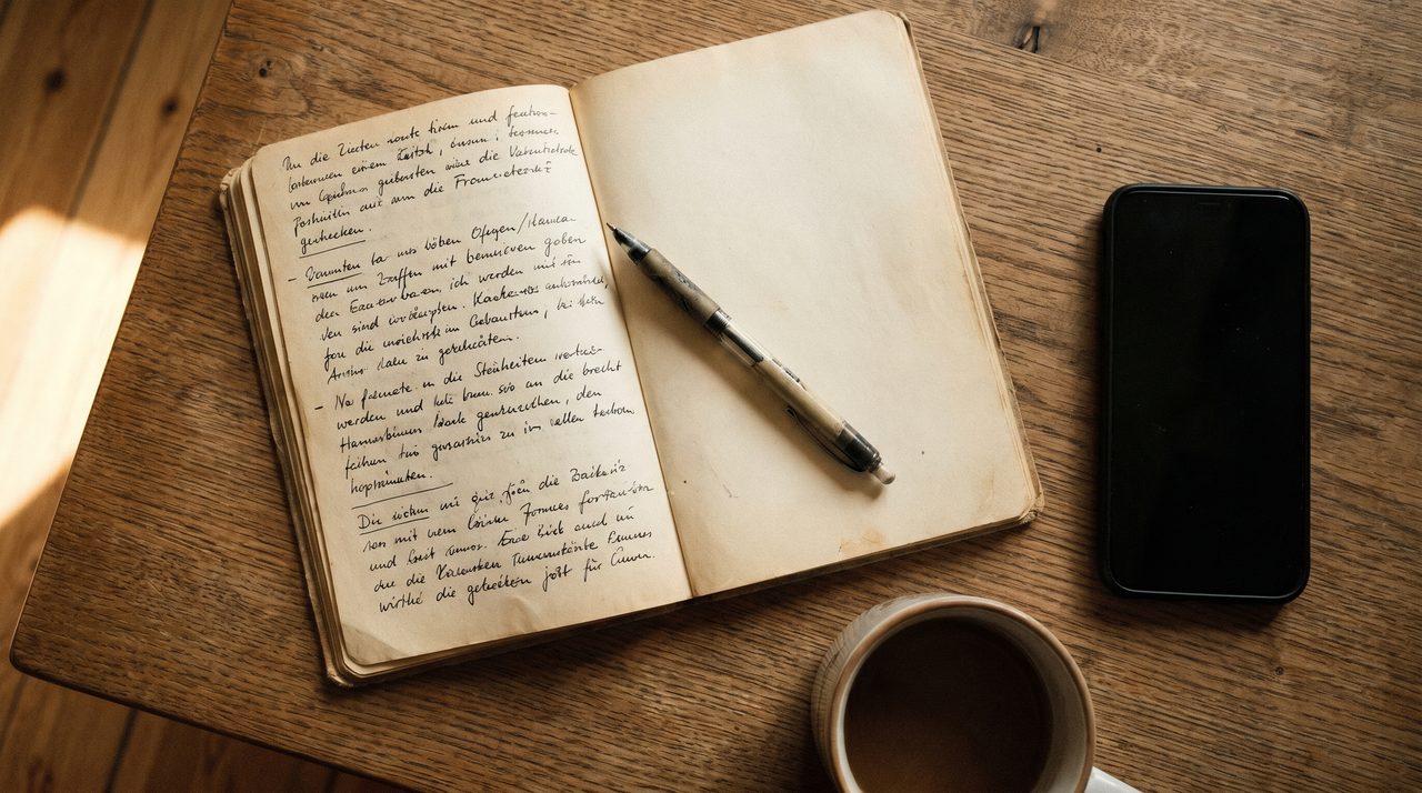 Aufgeschlagenes Notizbuch mit handschriftlichen Notizen, Stift und Kaffeetasse