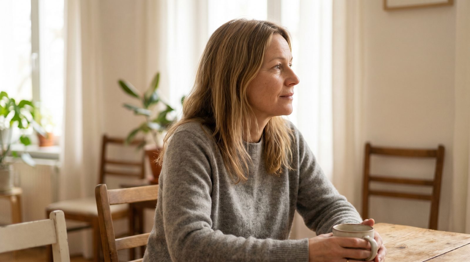 Frau Ende 40 sitzt nachdenklich am Küchentisch mit einer Tasse Kaffee